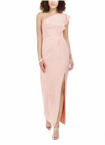 adrianna papell light pink one shoulder gown