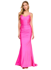 b darlin hot pink ruched satin gown