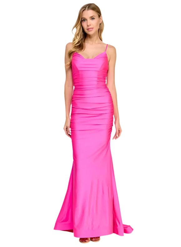 b darlin hot pink ruched satin gown