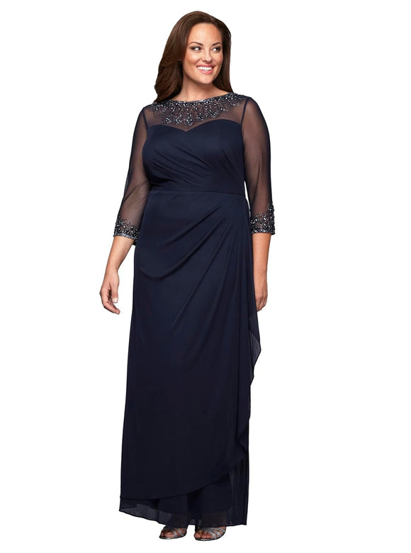 16 - alex evenings navy embellished illusion 3/4 sleeve gown