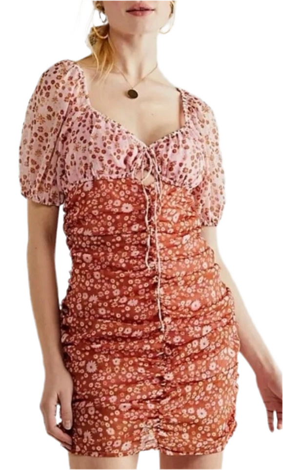 S - free people pink ruched floral dress