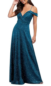 6 - ssb teal glitter cold shoulder a-line gown