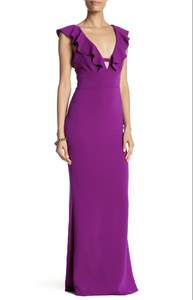 abs allen schwartz purple deep v ruffle gown