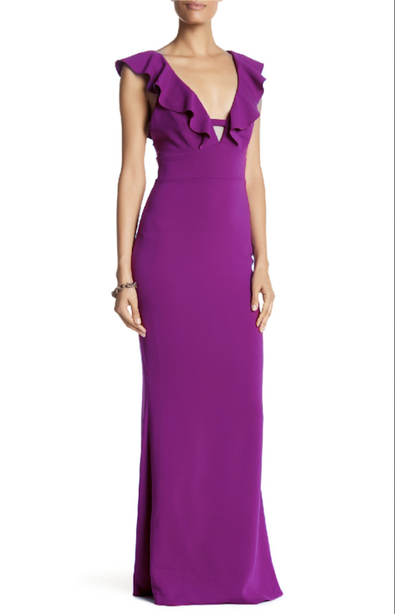 abs allen schwartz purple deep v ruffle gown