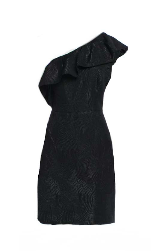 8 - halston heritage metallic black one shoulder cocktail dress