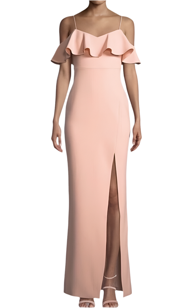 0 - likely peach off the shoulder ruffle gown