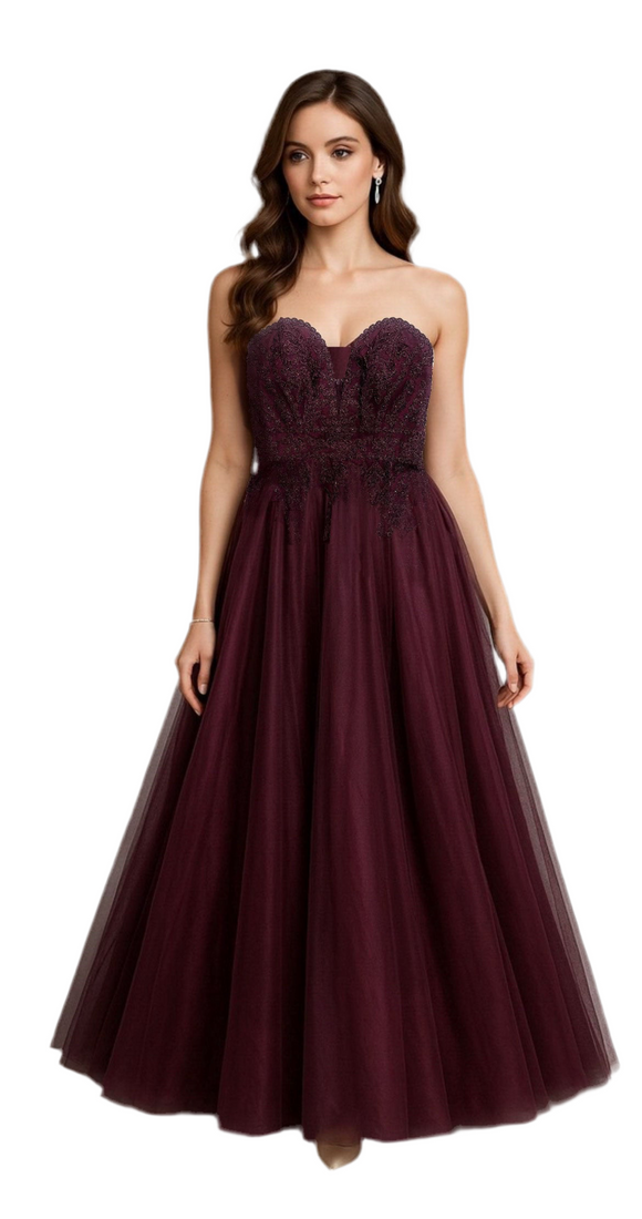 5 - blondie nites burgundy embroidered strapless tulle ball gown