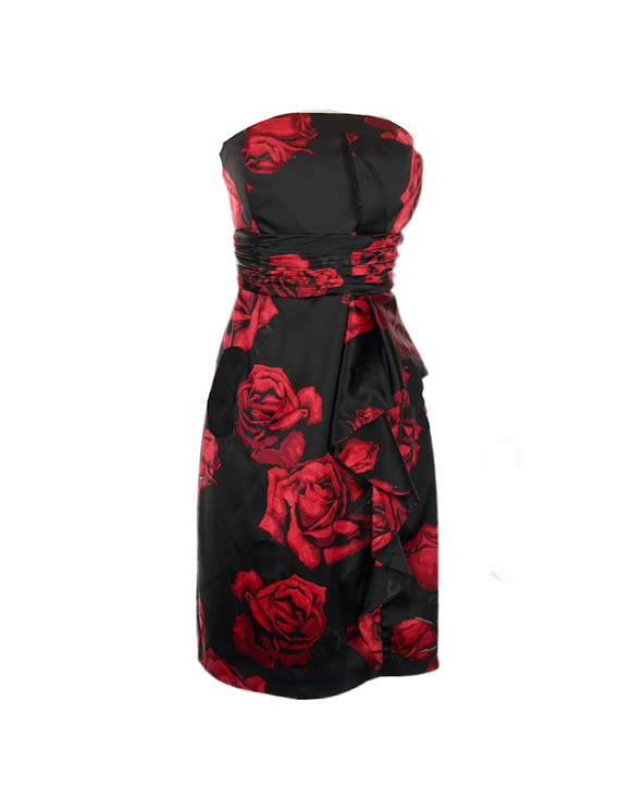 0 - whbm black & red strapless rose cocktail dress