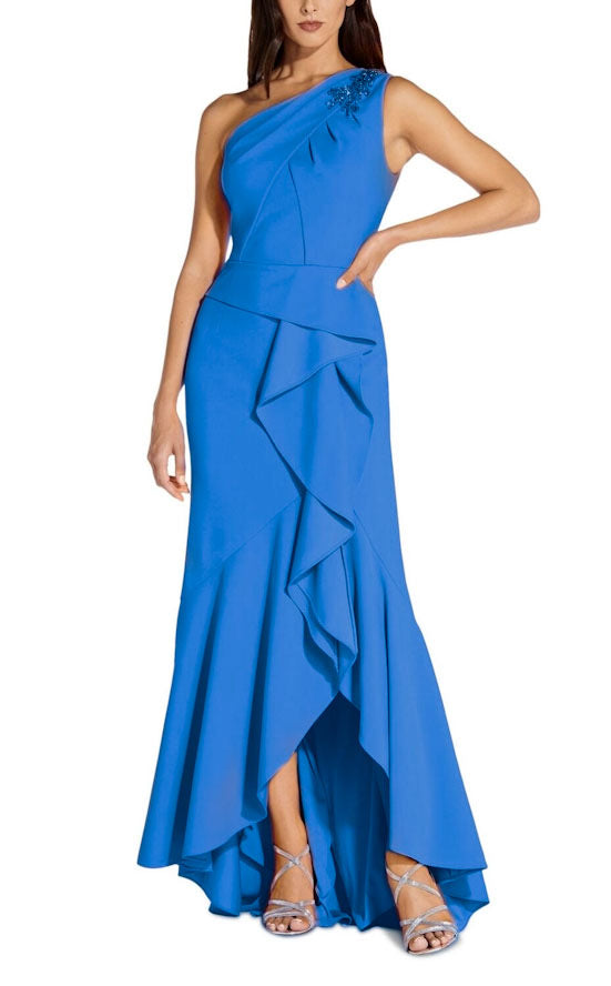 adrianna papell blue one shoulder high low gown 