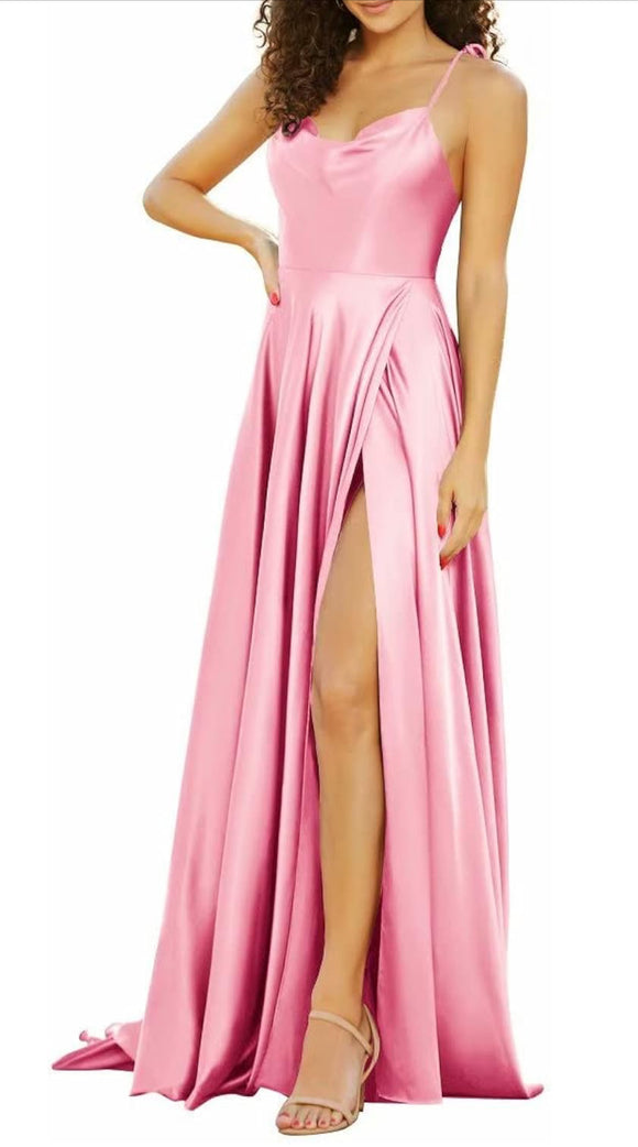 6 - ssb pink satin shoulder tie gown
