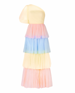 M - ssb tiered rainbow tulle one shoulder gown