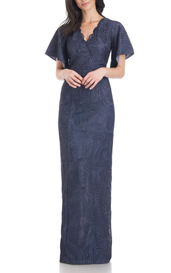 js collections navy floral embroidered drina column gown 