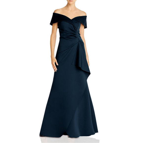 6 - aqua navy off the shoulder gathered ruffle gown