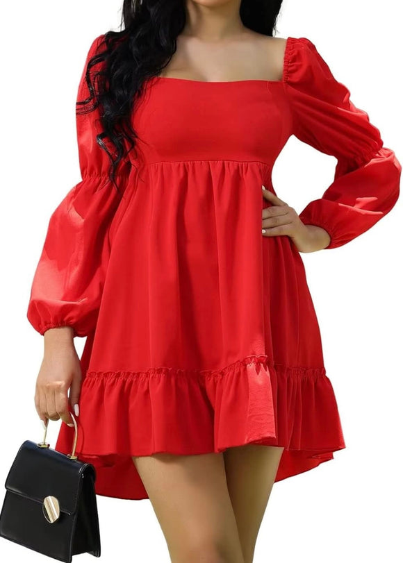 M - ssb red square neck tie back babydoll dress