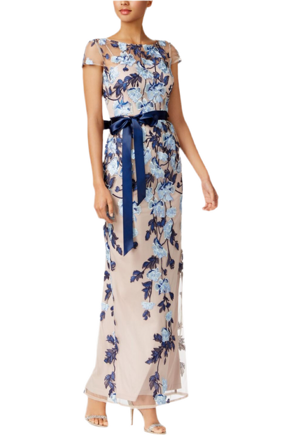6 - adrianna papell champagne & blue floral gown