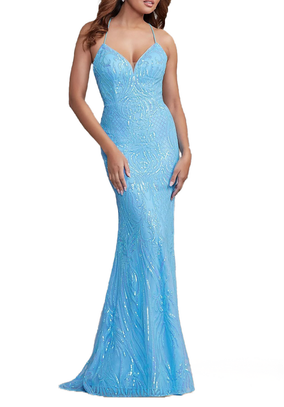 aqua blue iridescent sequin strappy gown