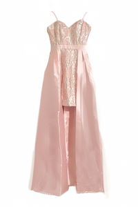 maniju pink jacquard mini dress with satin overskirt