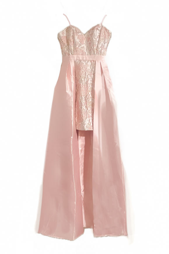 maniju pink jacquard mini dress with satin overskirt