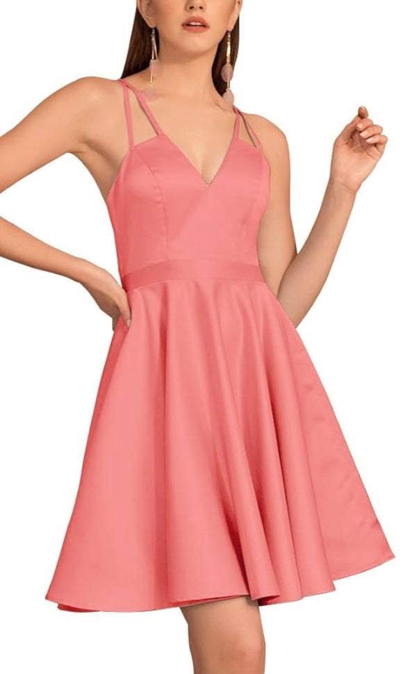 L - ssb peachy pink satin strappy fit & flare dress
