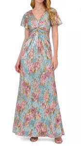 adrianna papell blue metallic floral flutter sleeve gown