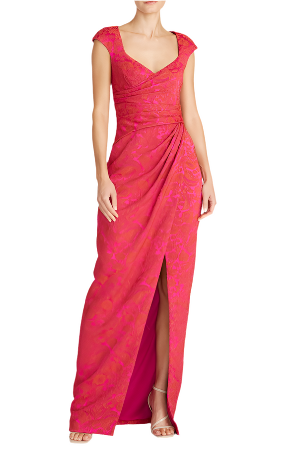 0 - theia red & pink cap sleeve gown