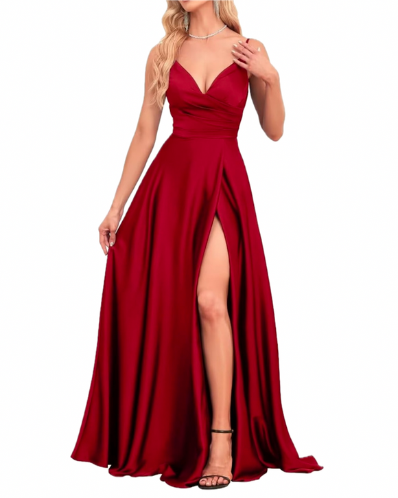 10 - ssb red faux wrap satin gown
