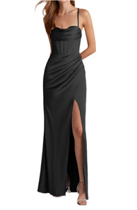 XS - ssb black stretch satin square neck corset gown
