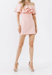gianni bini blush pink off shoulder ruffle mini dress