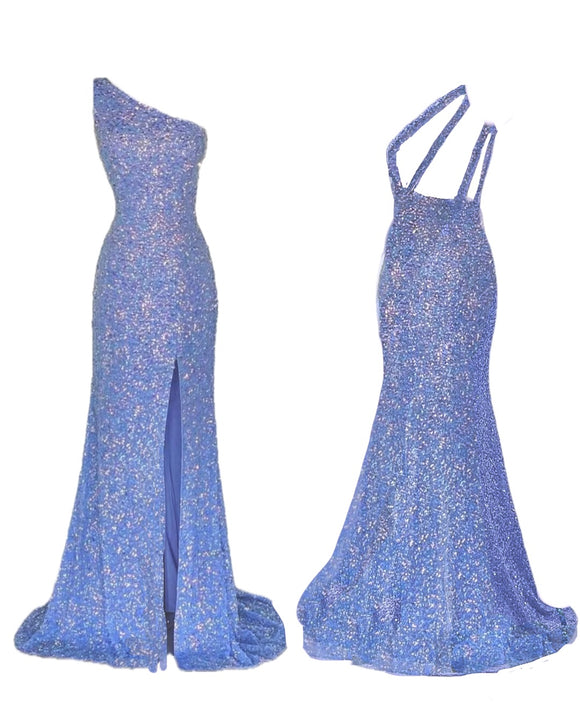 M - ssb purple iridescent sequin one shoulder gown
