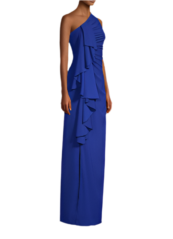 aidan mattox blue dress Aidan Mattox Crepe Back Satin V-Neckline Long Sleeve Front Knot Front Slit Long Dress