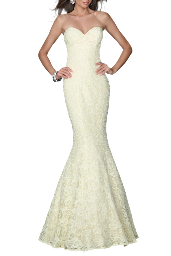 0 - la femme yellow strapless lace gown