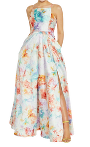 13 - crystal doll bright floral square neck ball gown