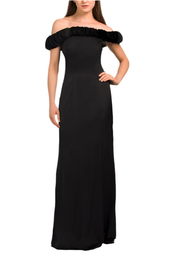 rene ruiz black off the shoulder ruffle gown