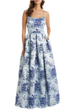 9 - r&m richards blue metallic floral jacquard ball gown