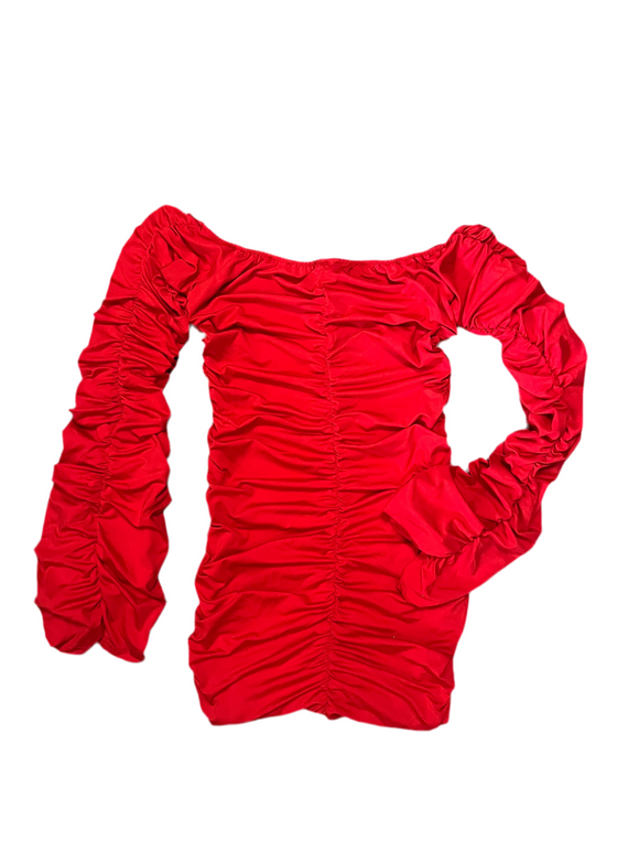 ssb red ruched long sleeve mini dress