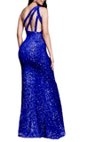 10 - ssb royal blue one shoulder strappy back sequin gown