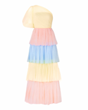 M - ssb tiered rainbow tulle one shoulder gown