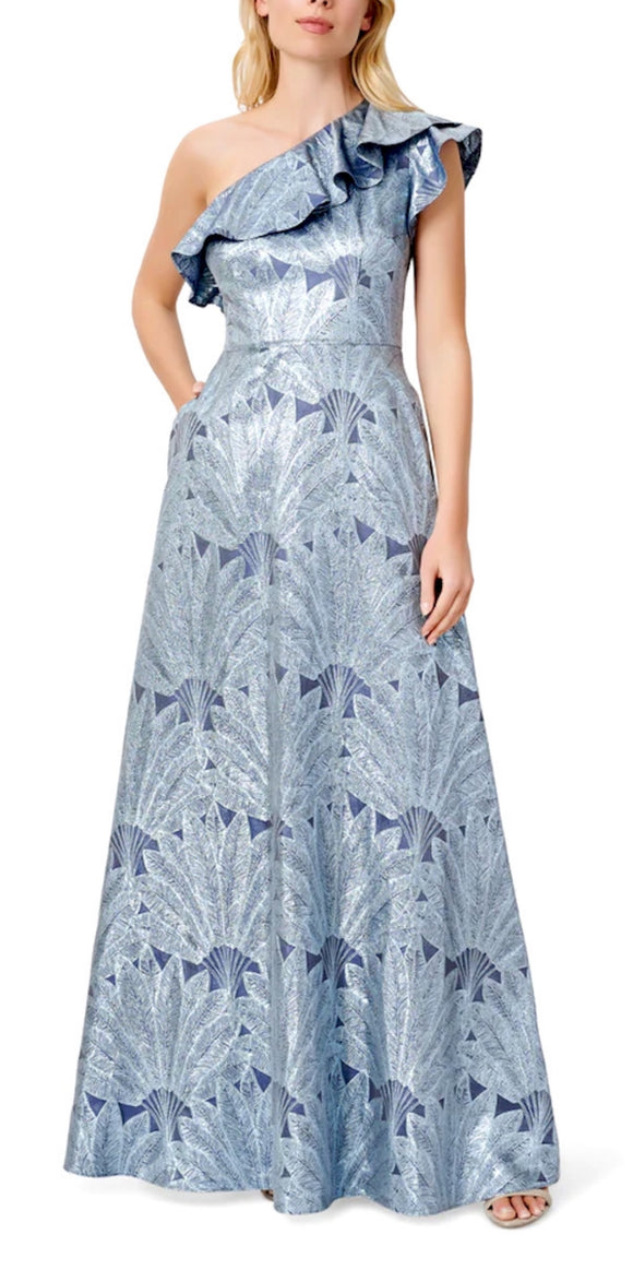 aidan mattox blue metallic one shoulder ball gown