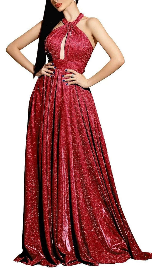 12 - ssb red halter glitter cutout ball gown