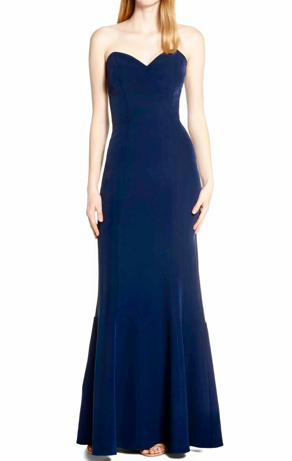 M - wayf navy strapless lace up fitted gown