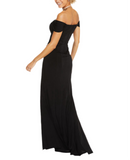 S - emerald sundae black off the shoulder ruched gown