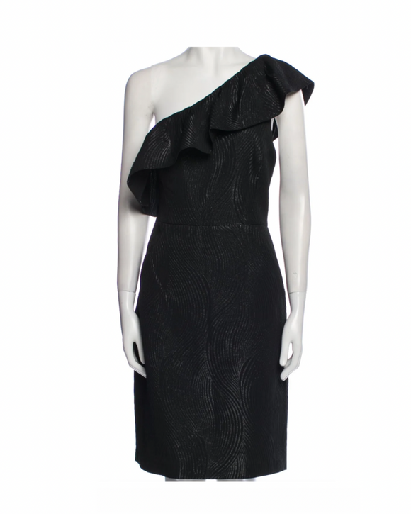 8 - halston heritage metallic black one shoulder cocktail dress