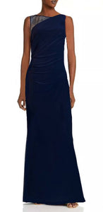 6 - eliza j navy illusion detail ruched gown