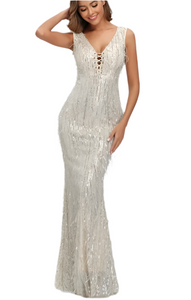 ssb champagne fitted tassel gown