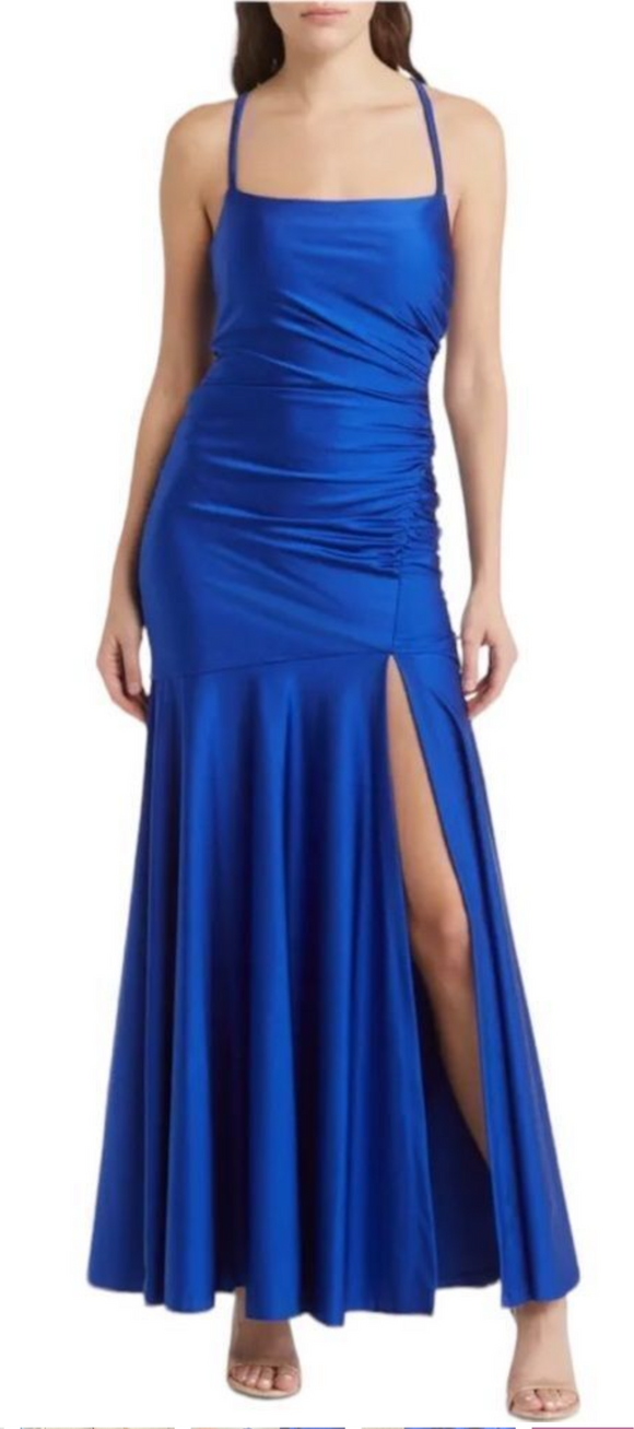 9 - morgan & co. royal blue ruched strappy gown