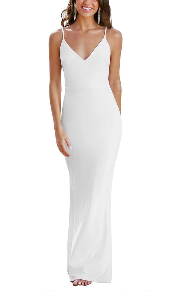 L - ssb white v-neck mermaid jersey gown