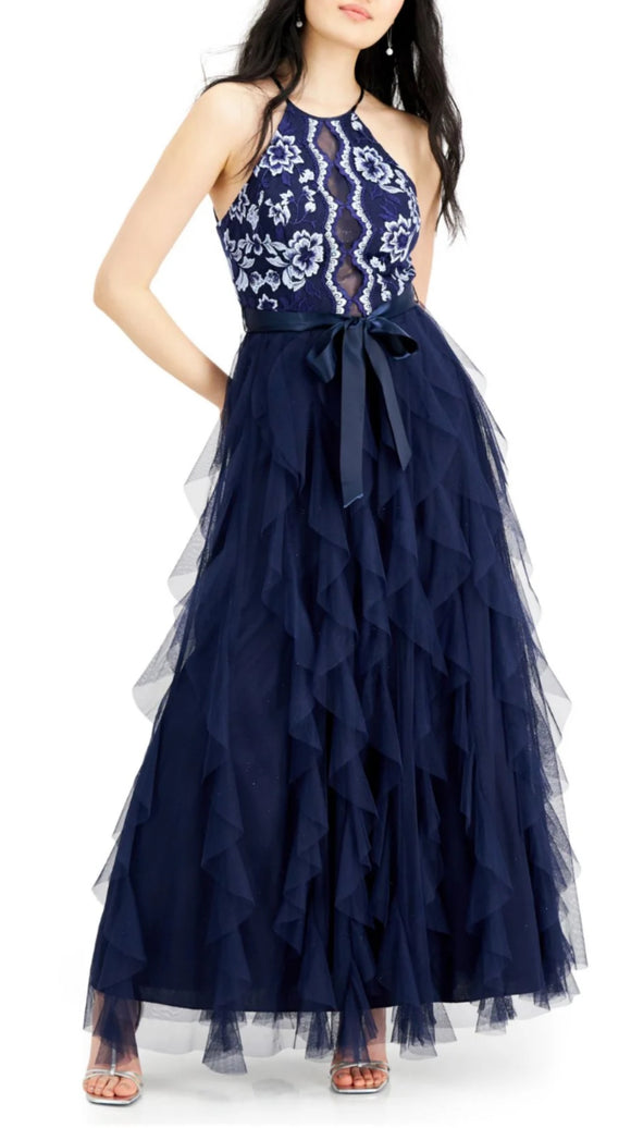 7 - teeze me navy blue ruffled tulle gown