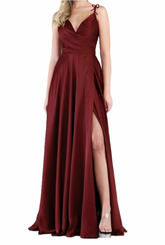 12 - ssb burgundy satin shoulder tie gown