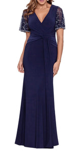 4 - betsy & adam navy beaded flutter sleeve v-neck gown