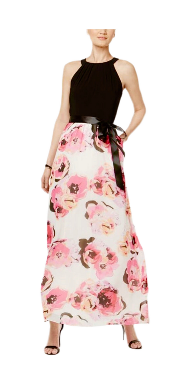 slny black halter pink floral maxi dress